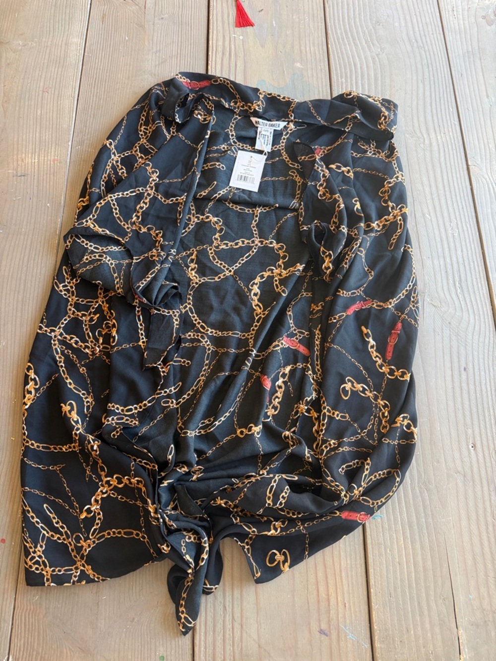 Walter Baker Black Swim Coverup with Gold Chain Print and Red Accents